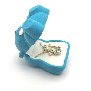 NIB March Aquamarine Birthstone Teddy Gold Necklace and Blue Teddy Box New